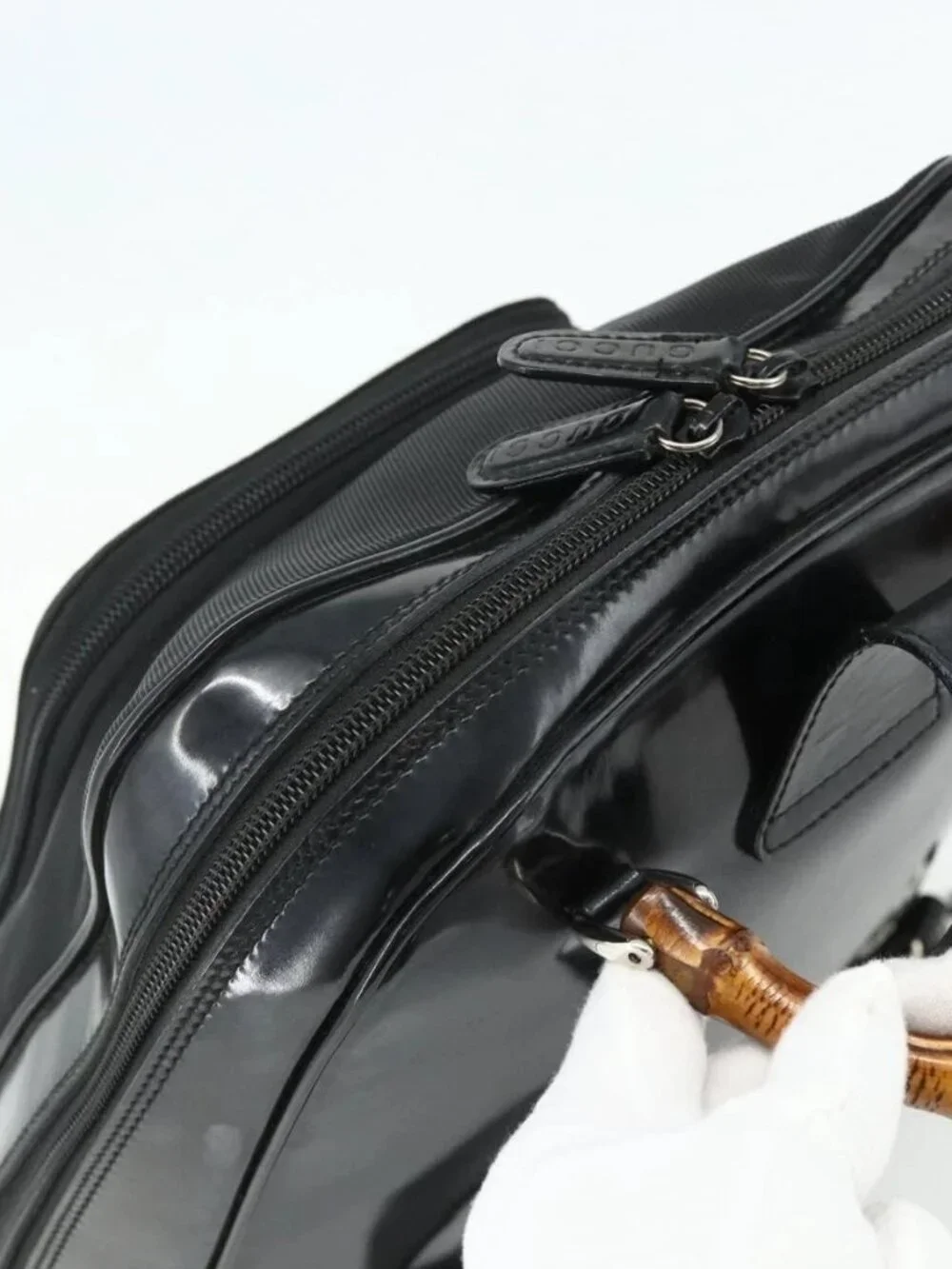 GUCCI Bamboo Bag Patent leather Black Silver 003 2058 0059 5 Auth ka4208
